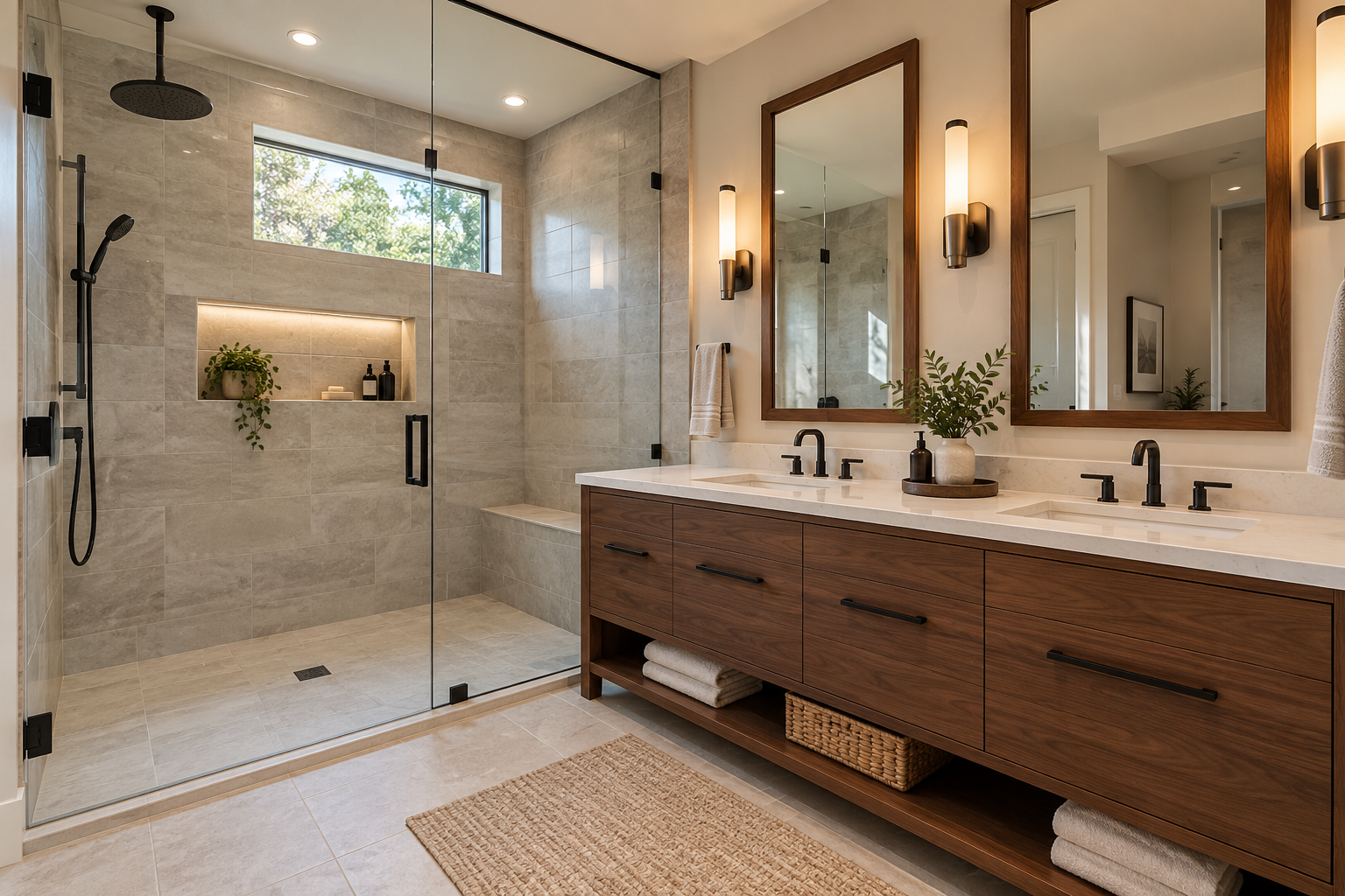 Bathroom with glass shower, walnut vanity and matte black fixtures