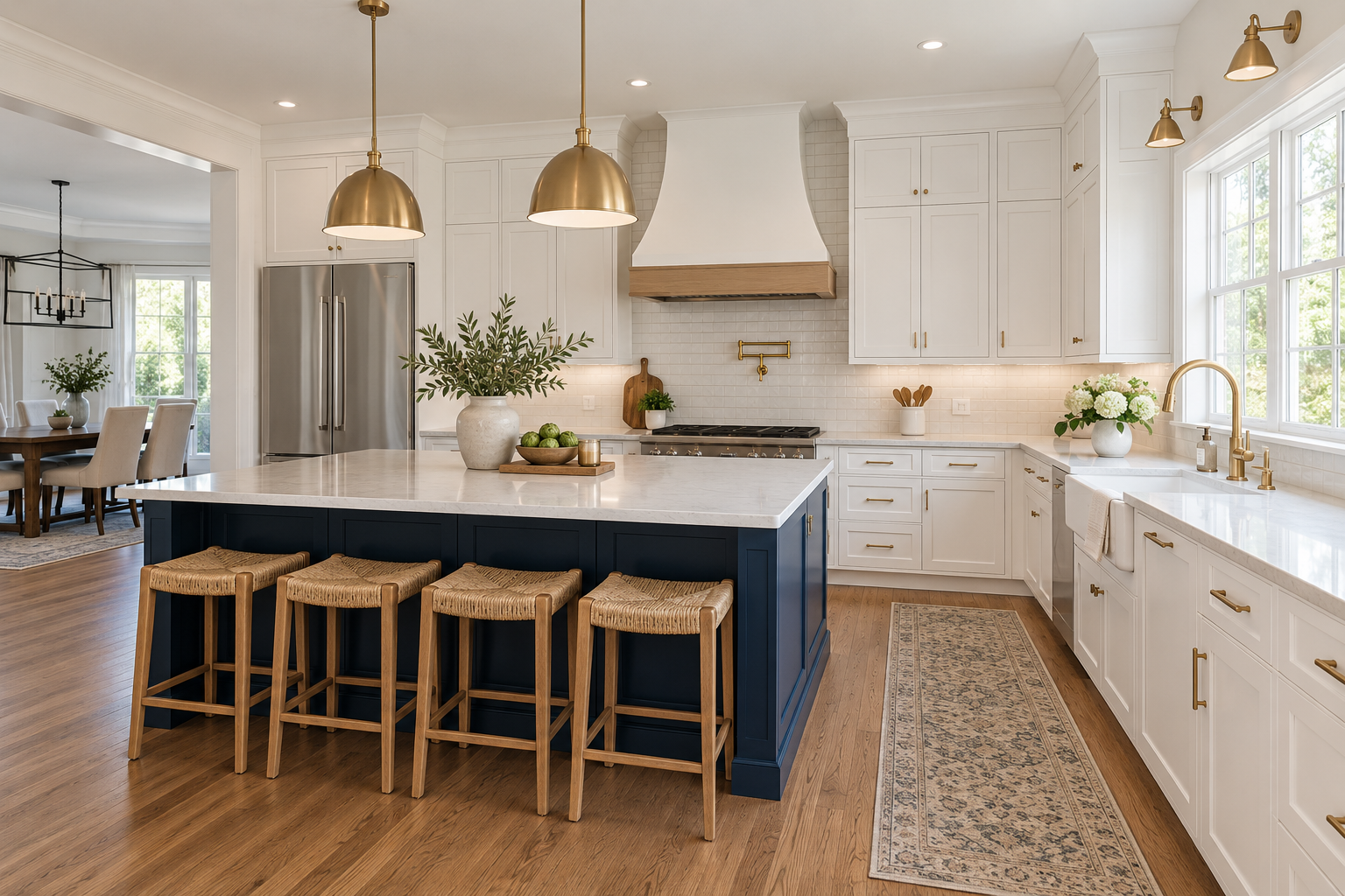 White shaker kitchen with a navy island and warm oak flooring