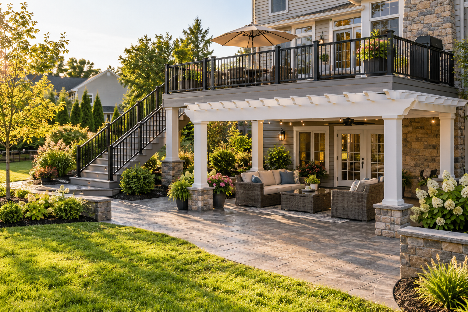 Composite deck and pergola beside a stamped concrete patio